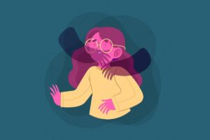Ilustración de una mujer con gafas abrumada, rodeada de manos oscuras que la sujetan