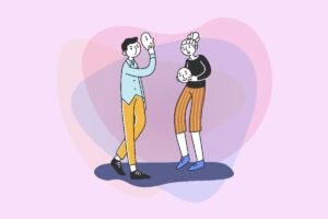 Ilustración de dos personas quitándose la máscara sonriente que llevaban puesta
