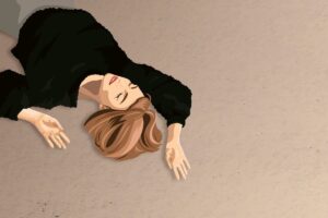 Ilustración de una mujer tumbada en el suelo con los ojos cerrados, sin fuerzas